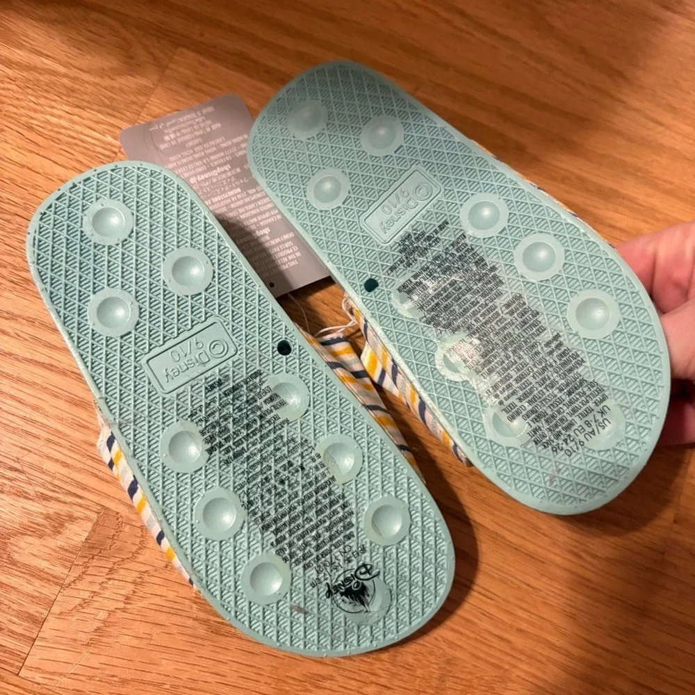 Disney Stitch Sandals NEW 9/10 Aqua Blue Striped Slides Yellow Kids Shoes